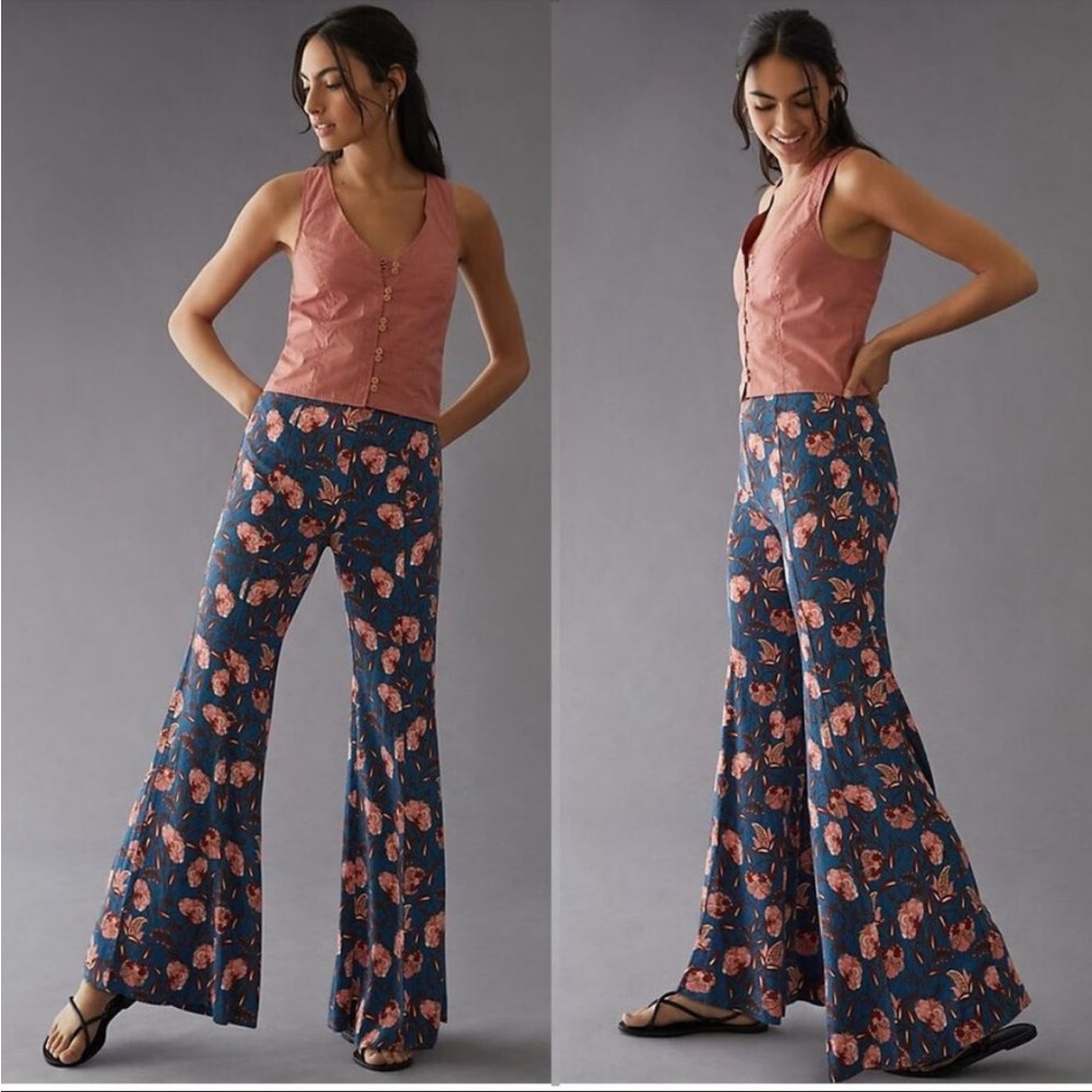 Anthropologie Drapey Flare Floral Pants sz 16 Blue Pink